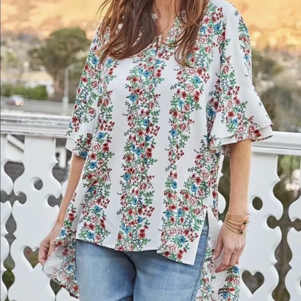 Matilda Jane OUR‎ ATLAS Tunic Top Women’s XS Floral Boho Kimono Ruffle